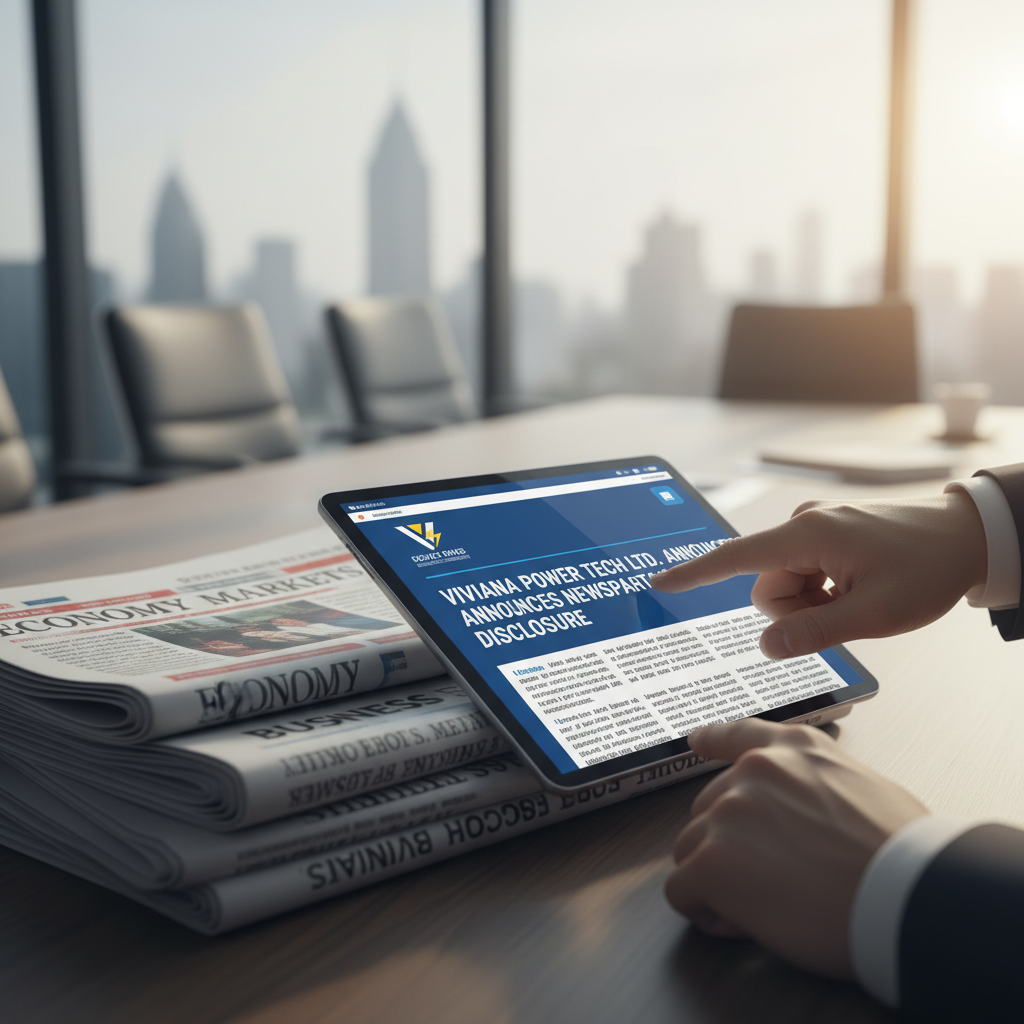 A person's hands viewing a news article about "Viviana Power Tech Ltd. Announces Newspaper Disclosure" on a tablet.