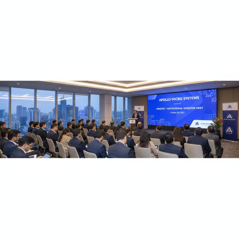 A professional conference room with attendees facing a large screen displaying "Apollo Micro Systems Analyst/Institutional Investor Meet."