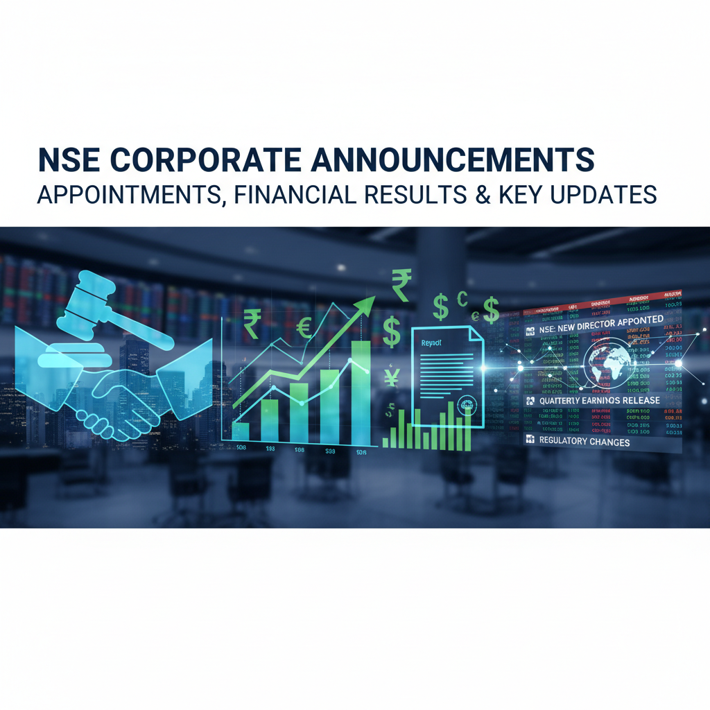 A professional image representing corporate announcements, featuring financial graphs, currency symbols, a gavel, and news headlines.