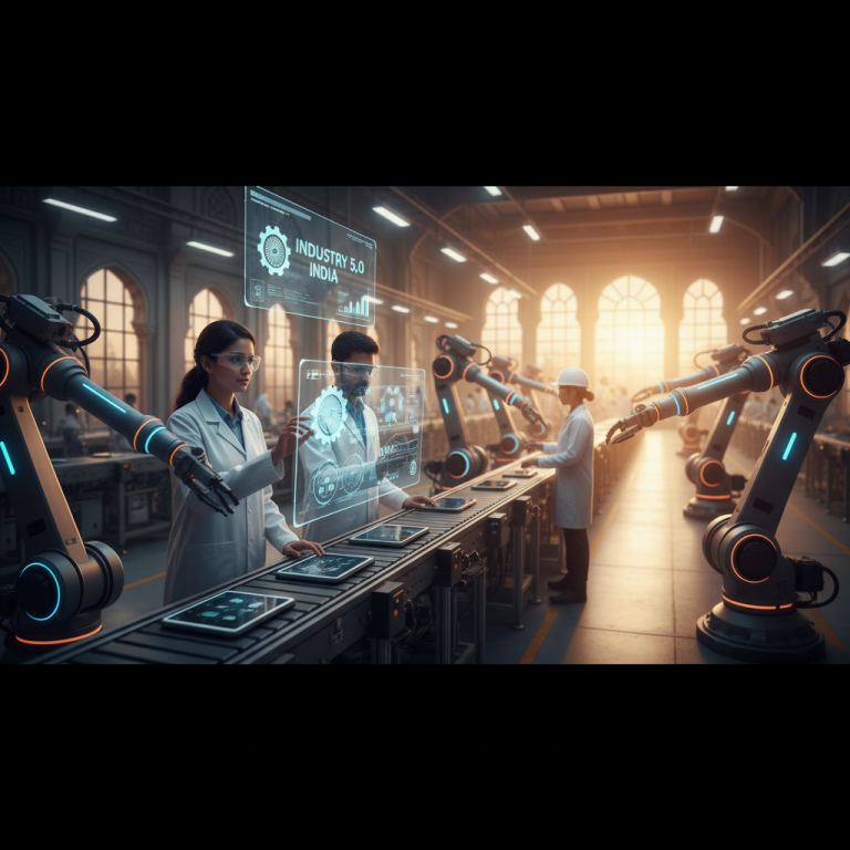 Two scientists in a futuristic factory with robotic arms, interacting with holographic screens displaying 'Industry 5.0 India'.