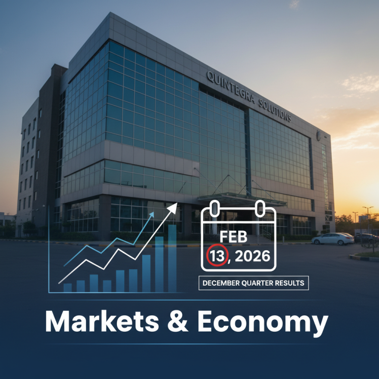 A modern office building for Quintegra Solutions with a financial graph, calendar date, and "Markets & Economy" text.