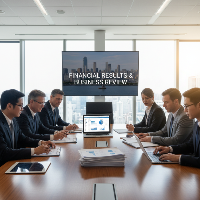 A diverse group of business professionals in a boardroom discussing financial data on laptops and a large screen.
