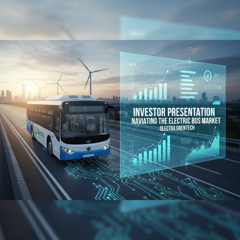 A modern electric bus on a highway with wind turbines, digital circuit patterns, and a holographic investor presentation interface.