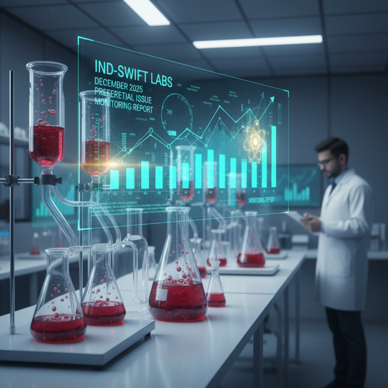 A scientist in a lab coat reviews a holographic financial report projected over laboratory equipment with red liquid.