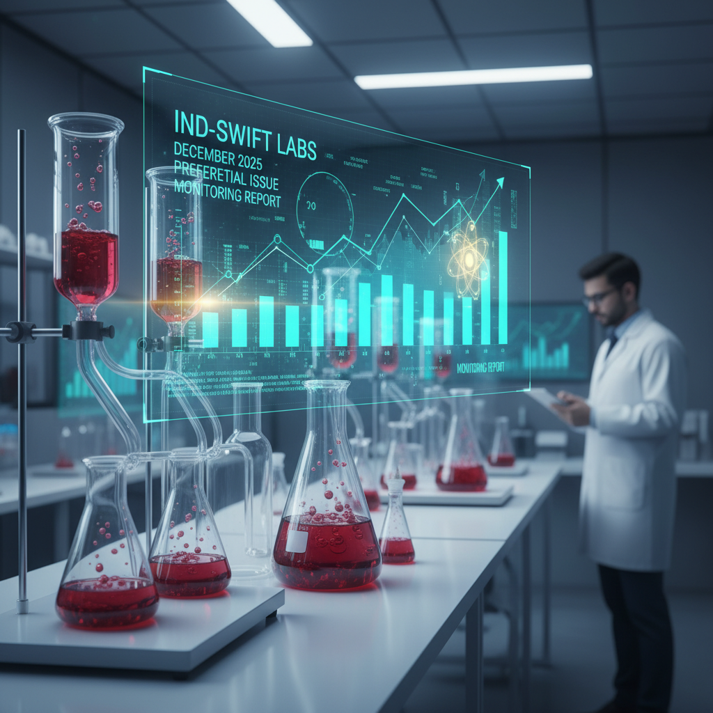A scientist in a lab coat reviews a holographic financial report projected over laboratory equipment with red liquid.
