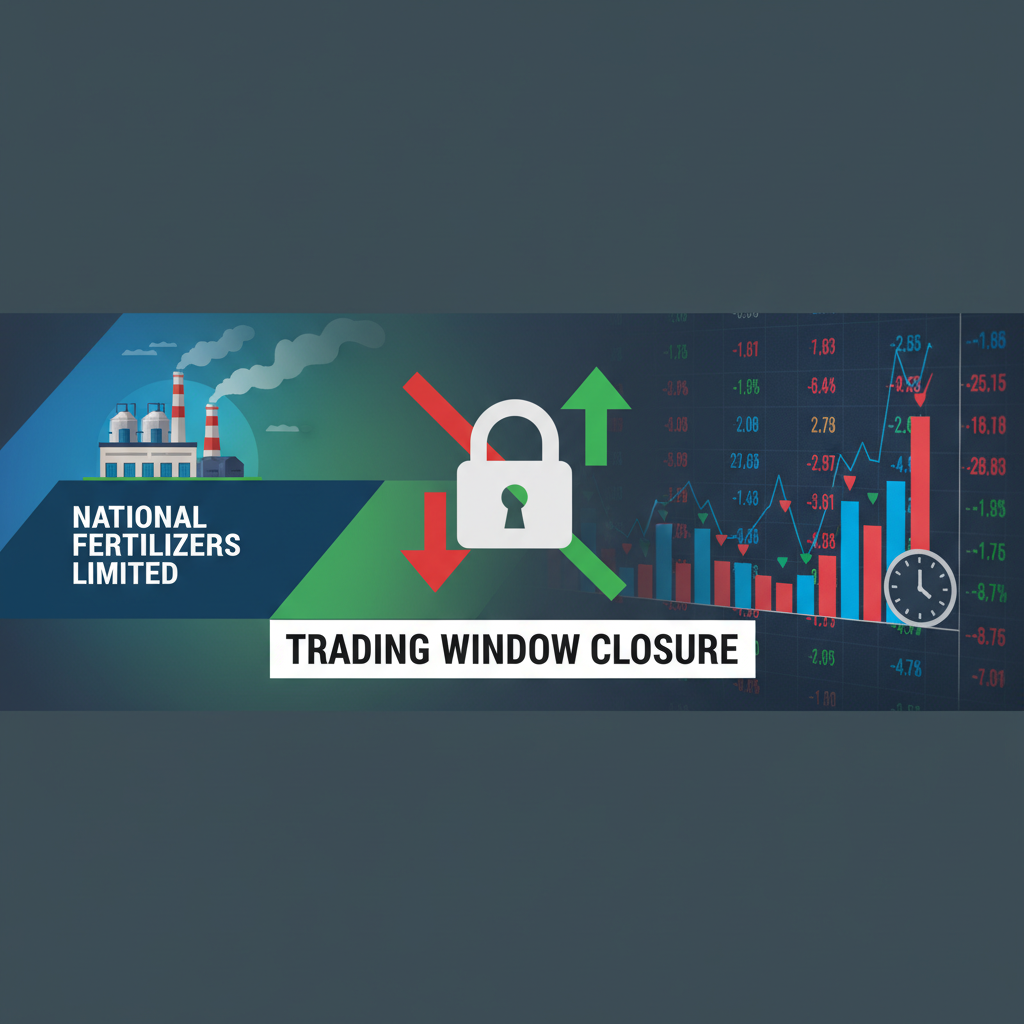 A banner image with the text "NATIONAL FERTILIZERS LIMITED - TRADING WINDOW CLOSURE," a factory icon, a lock icon, and stock market charts.