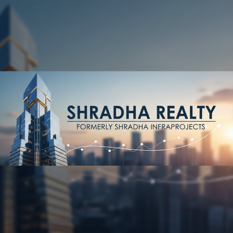A modern skyscraper with "SHRADHA REALTY Formerly Shradha Infraprojects" text and an upward trend line.