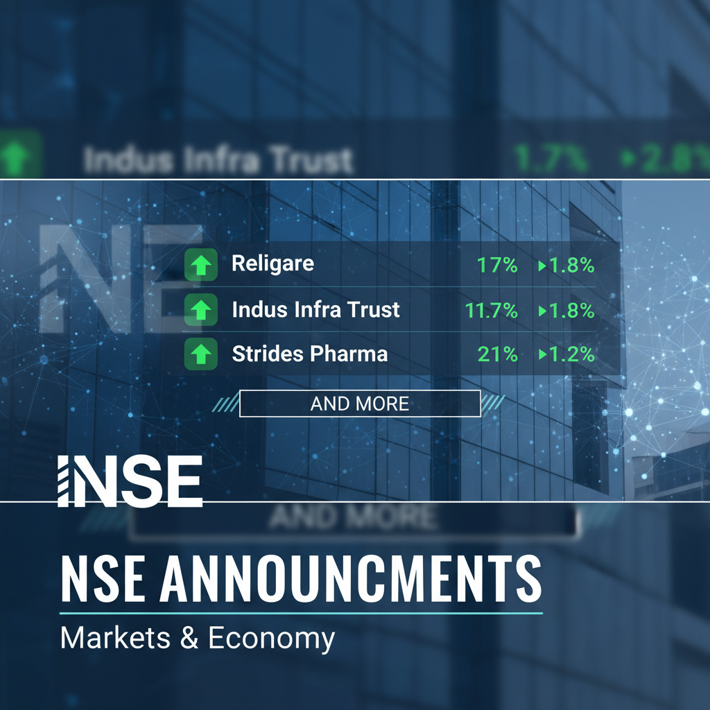 Digital display showing stock market data for Religare, Indus Infra Trust, and Strides Pharma with a cityscape background.