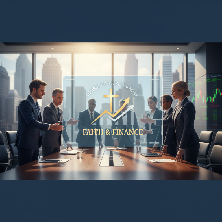 A group of diverse business professionals in a boardroom meeting with a city skyline backdrop, discussing investment strategies.