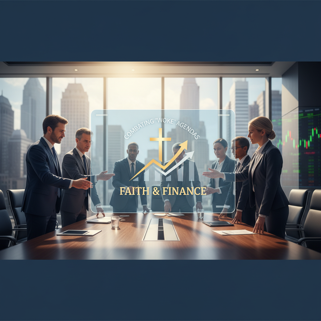 A group of diverse business professionals in a boardroom meeting with a city skyline backdrop, discussing investment strategies.