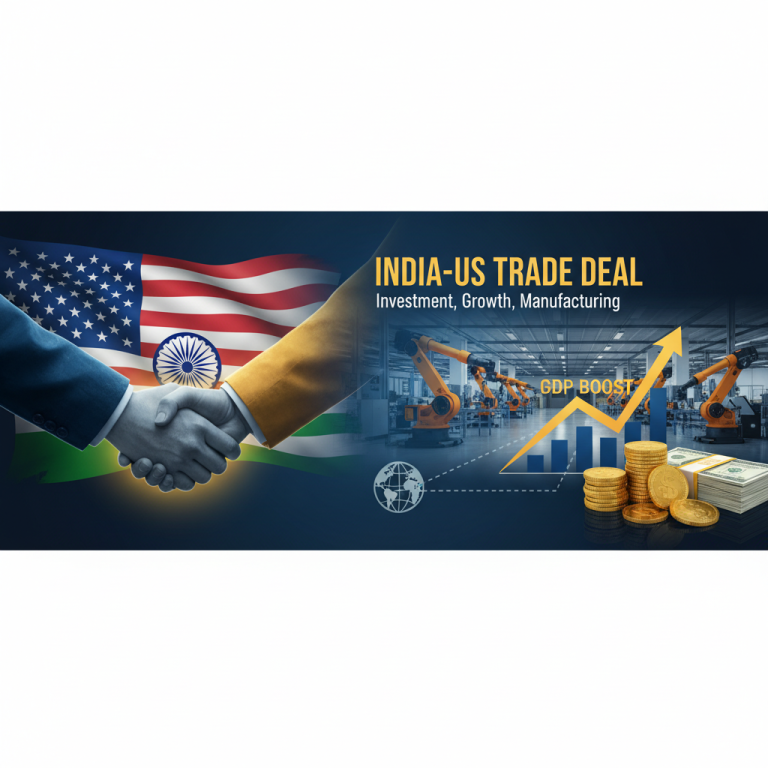 A handshake against US and Indian flags, symbolizing a trade deal, with graphics of manufacturing, money, and a rising GDP arrow.