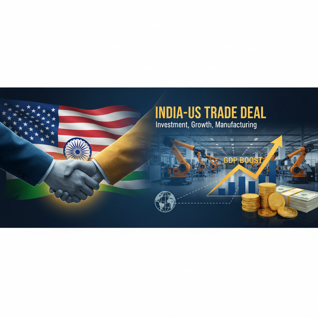 A handshake against US and Indian flags, symbolizing a trade deal, with graphics of manufacturing, money, and a rising GDP arrow.