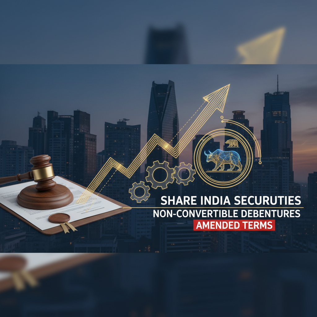 A gavel, legal document, and a rising arrow graph with financial icons over a city skyline at dusk.