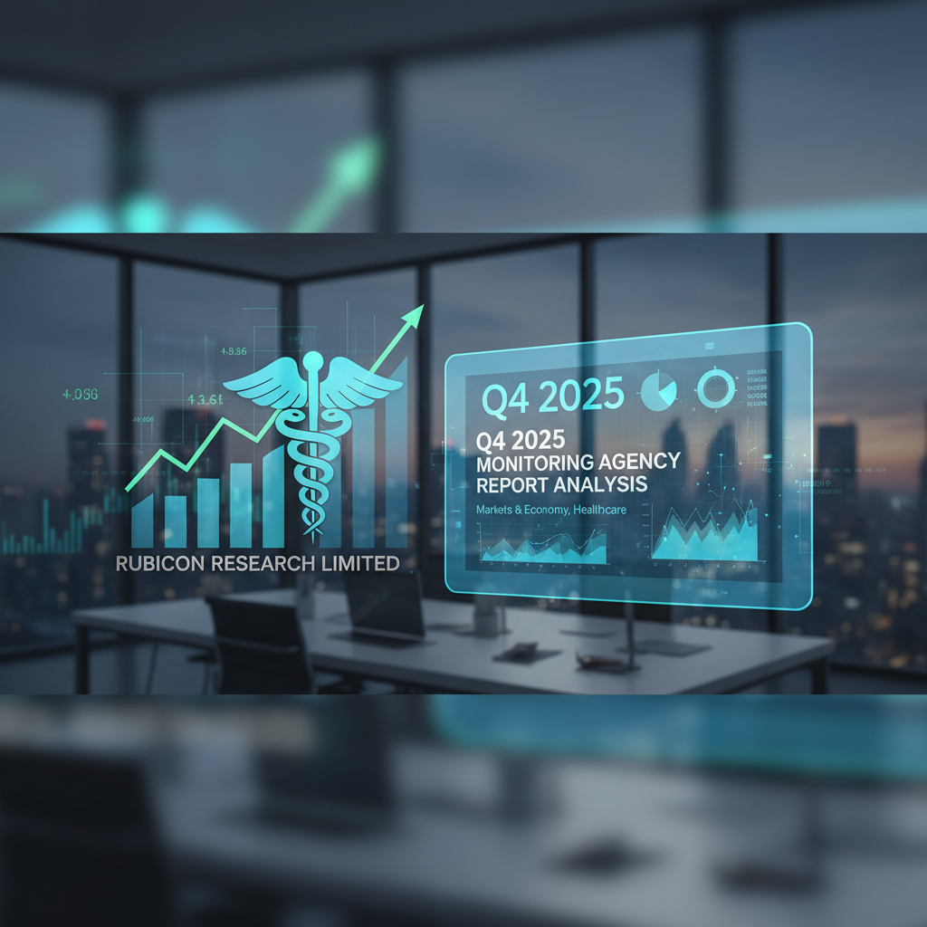 A professional desk with a holographic screen displaying "Q4 2025 Monitoring Agency Report Analysis" and market charts.