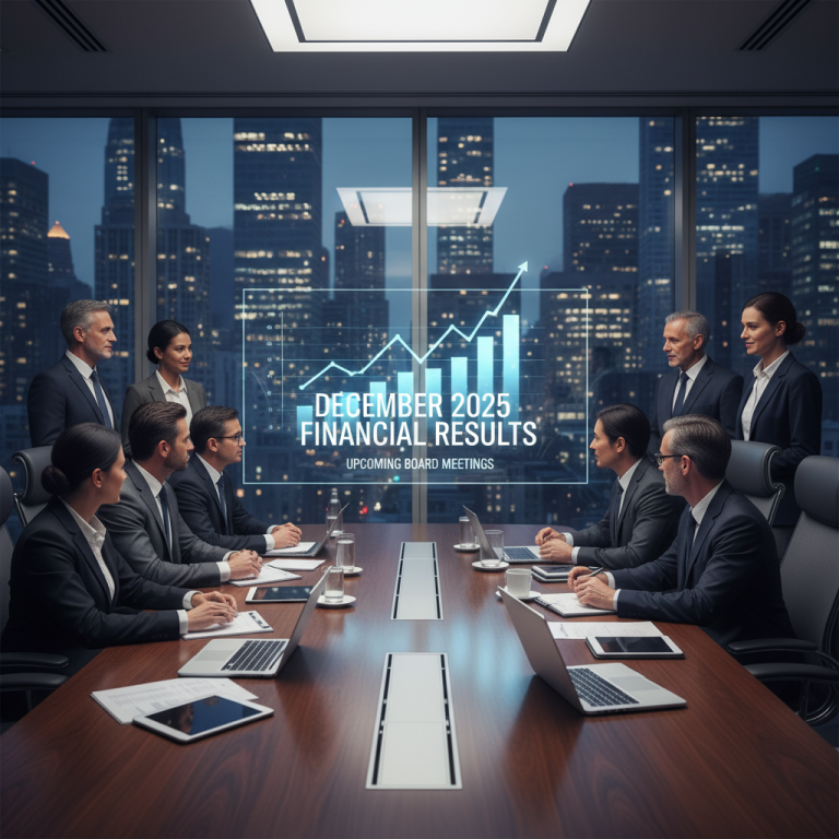 Professionals in a modern conference room with city skyline view, reviewing "December 2025 Financial Results" on a screen.