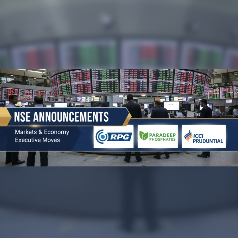 A professional image with stock market displays, featuring logos of RPG, Paradeep Phosphates, and ICICI Prudential.