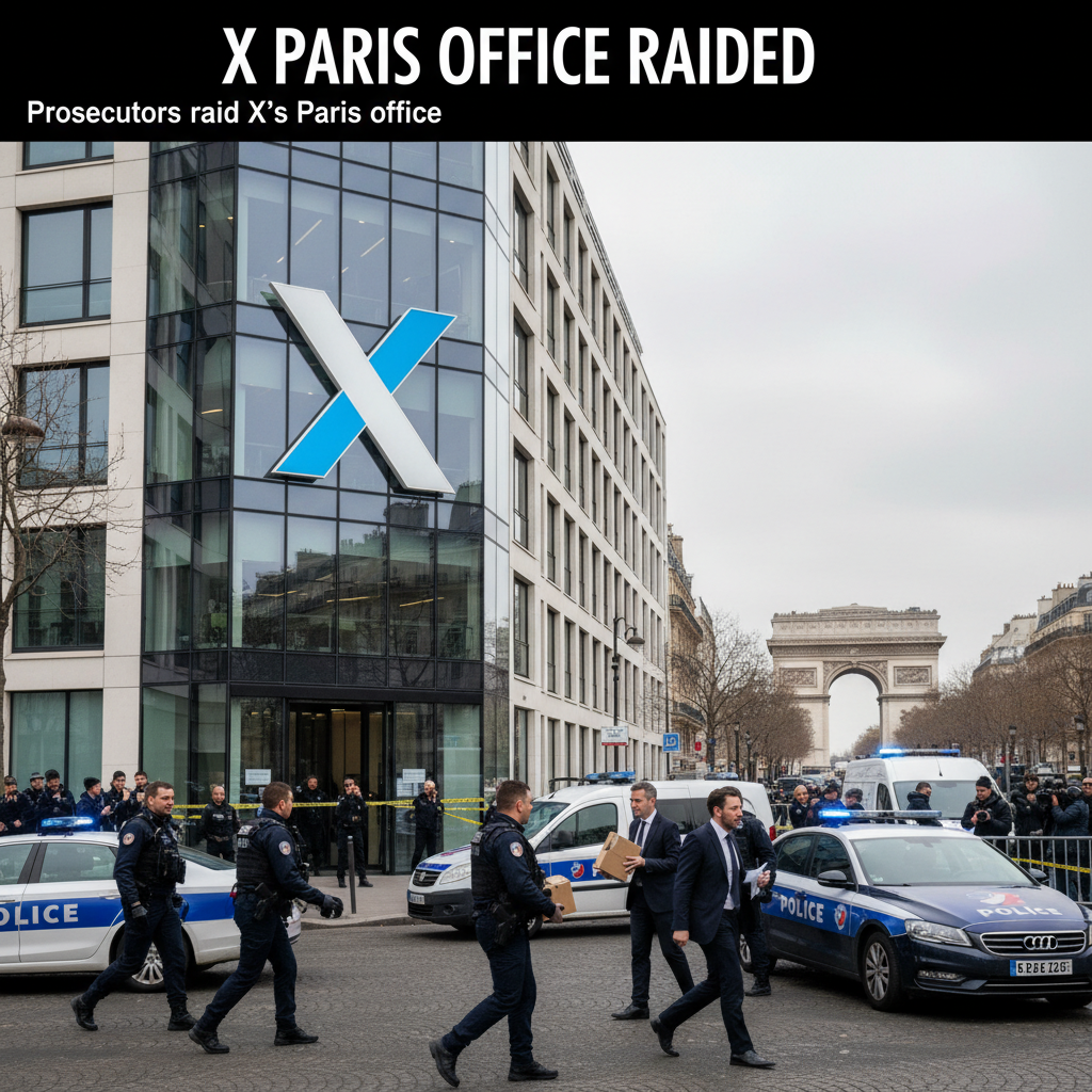 Police cars and officers outside a modern office building with a large 'X' logo.