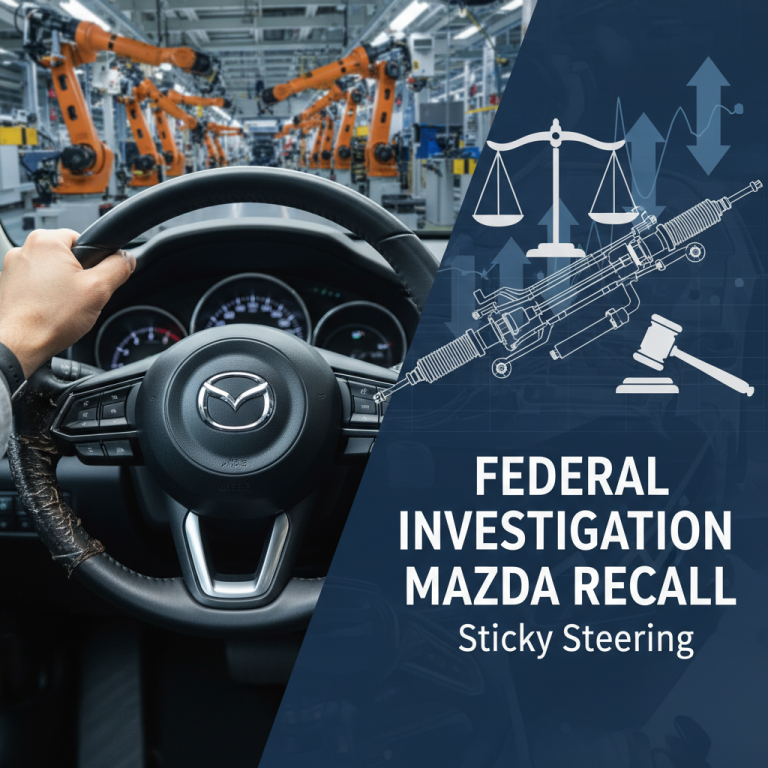 A car steering wheel, a scale of justice, a steering rack, a gavel, and manufacturing robots.