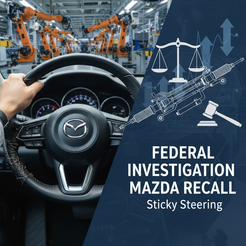 A car steering wheel, a scale of justice, a steering rack, a gavel, and manufacturing robots.