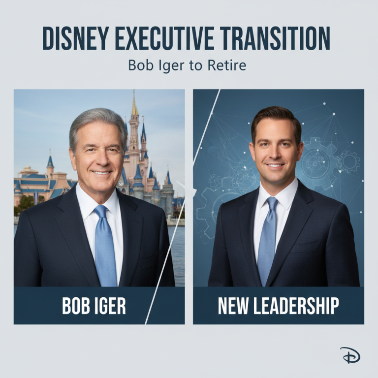 Split image of Bob Iger with Cinderella's Castle and new leadership against a tech background.