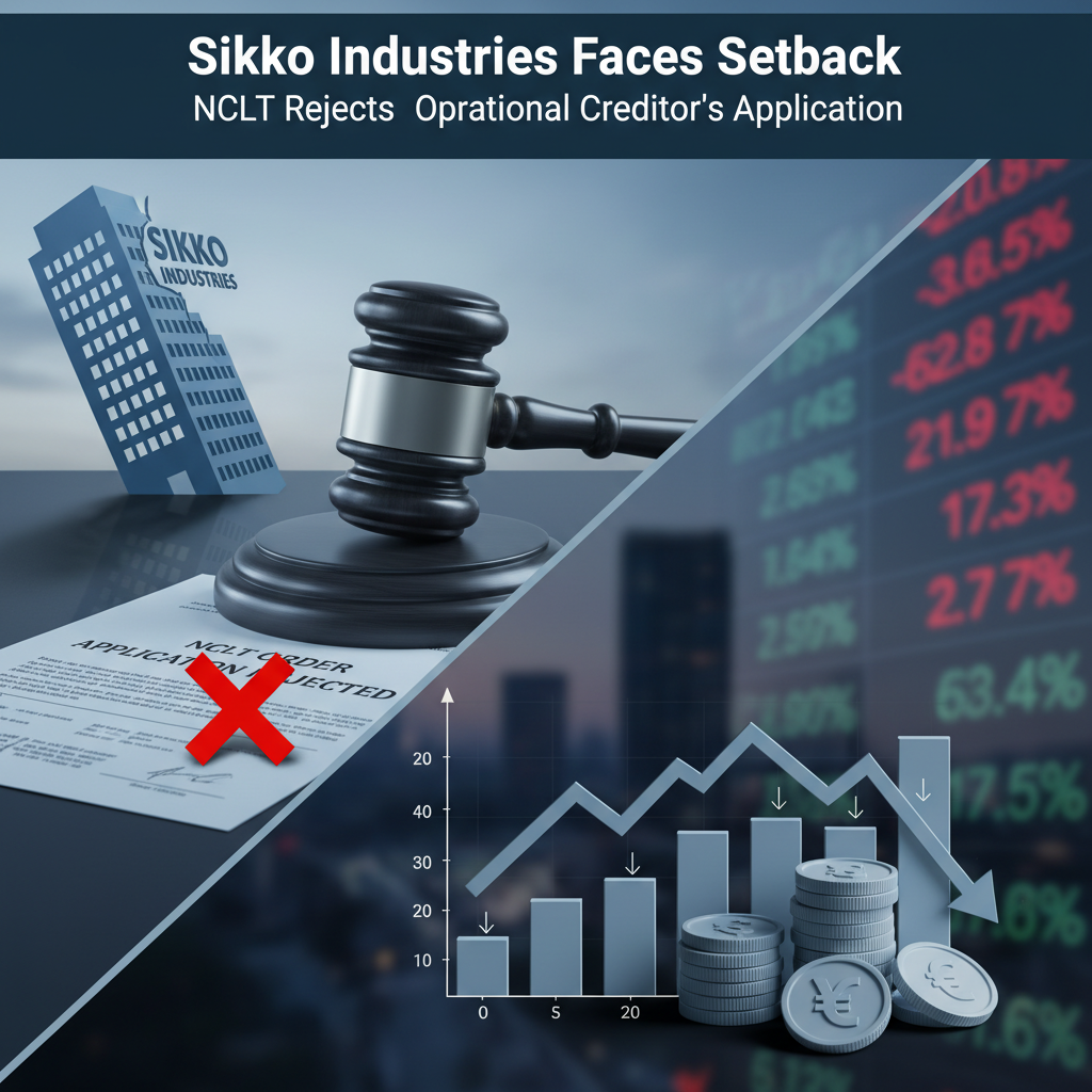 Image shows NCLT rejection, a gavel, a company building, and market decline with financial charts.