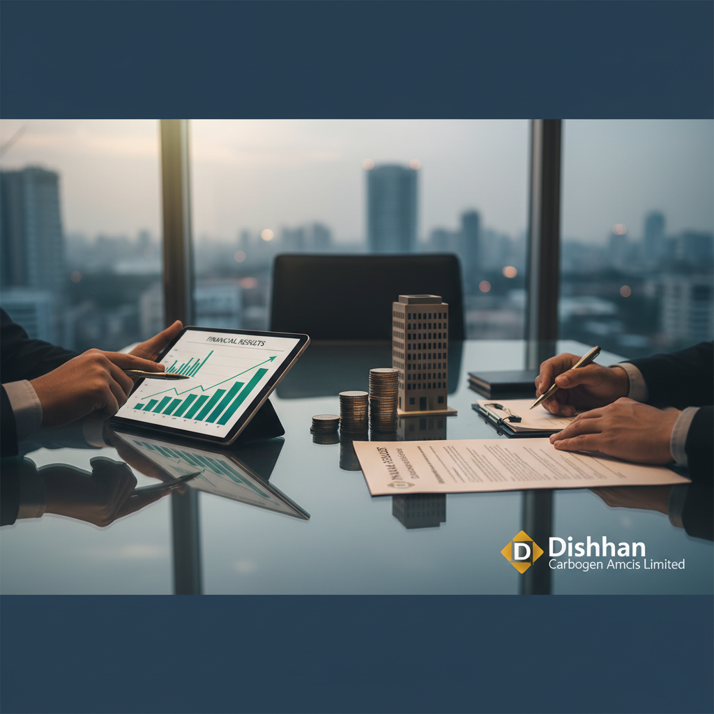 Two professionals in suits reviewing financial results on a tablet and signing documents with a city skyline backdrop.