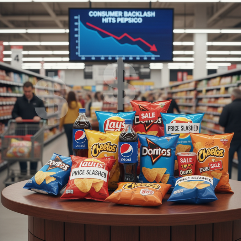 A display of PepsiCo snacks in a grocery store, with a sales chart showing a downward trend on a large screen.