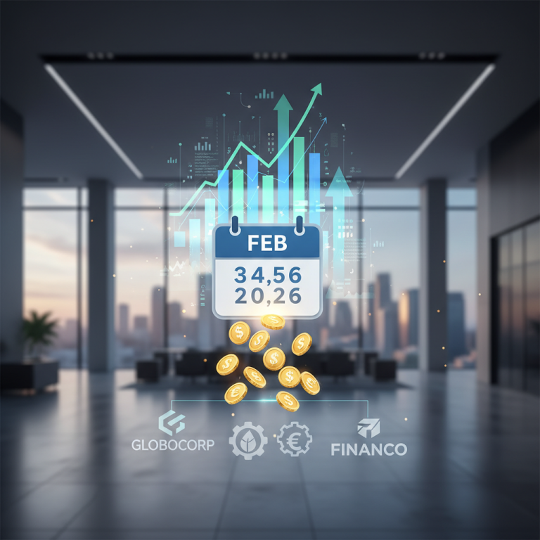 A calendar showing February 2026 and financial graphs with companies, symbolizing interim dividend announcements.