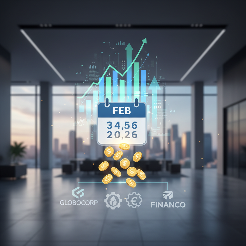 A calendar showing February 2026 and financial graphs with companies, symbolizing interim dividend announcements.
