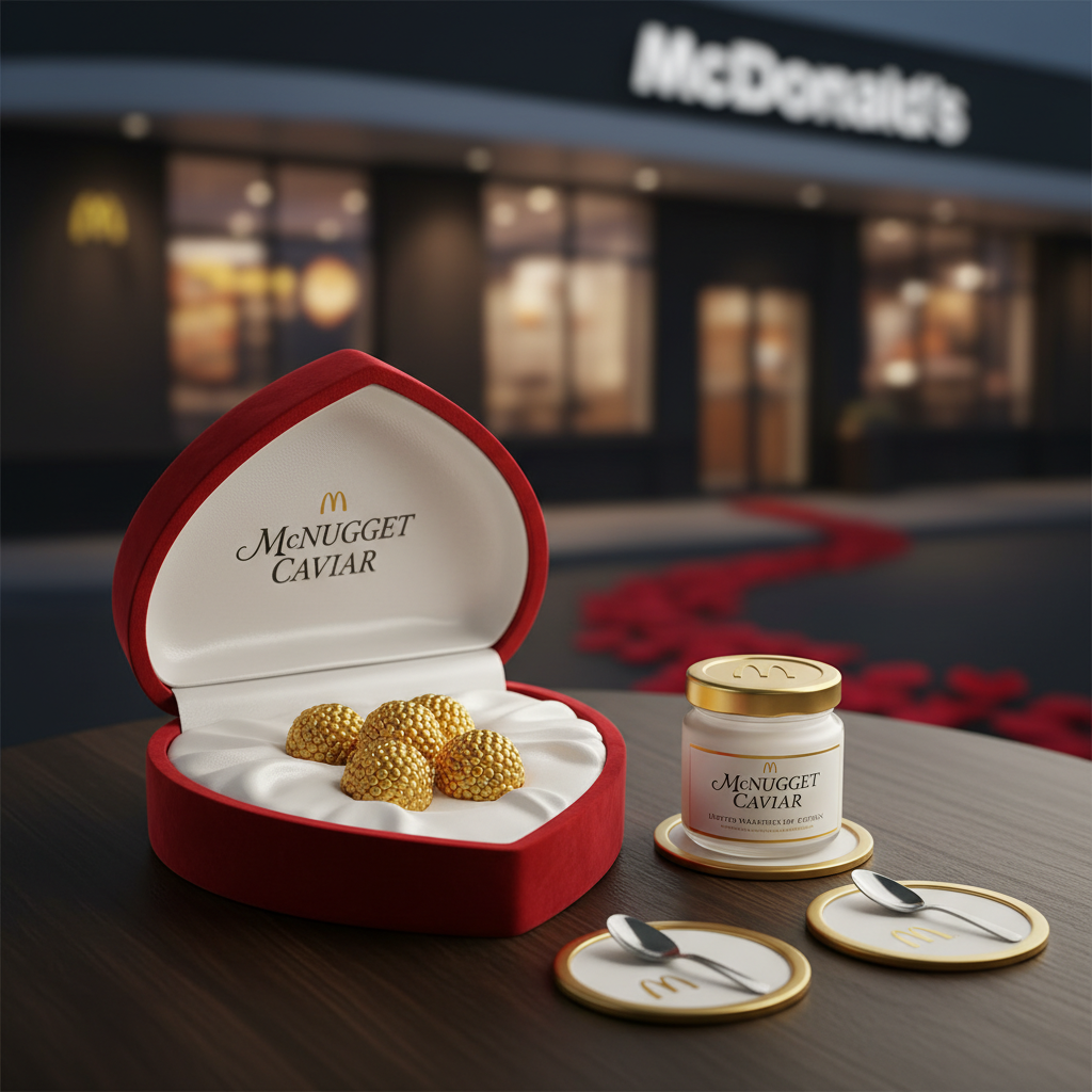 A red heart-shaped box with golden nuggets and a jar of "McNugget Caviar" in front of a McDonald's.