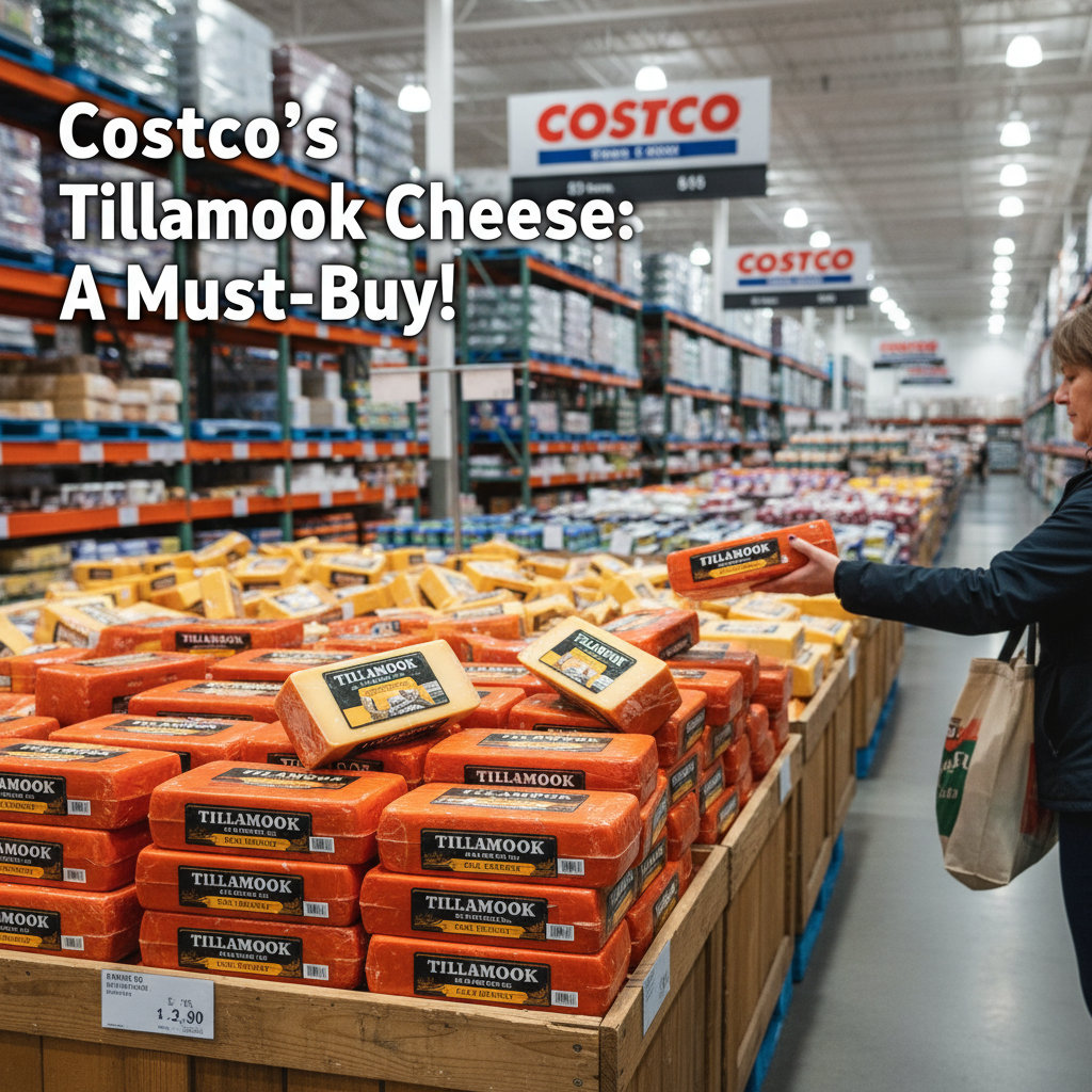 ** A shopper in a Costco aisle reaching for a block of Tillamook cheese, with large displays of cheese around her.