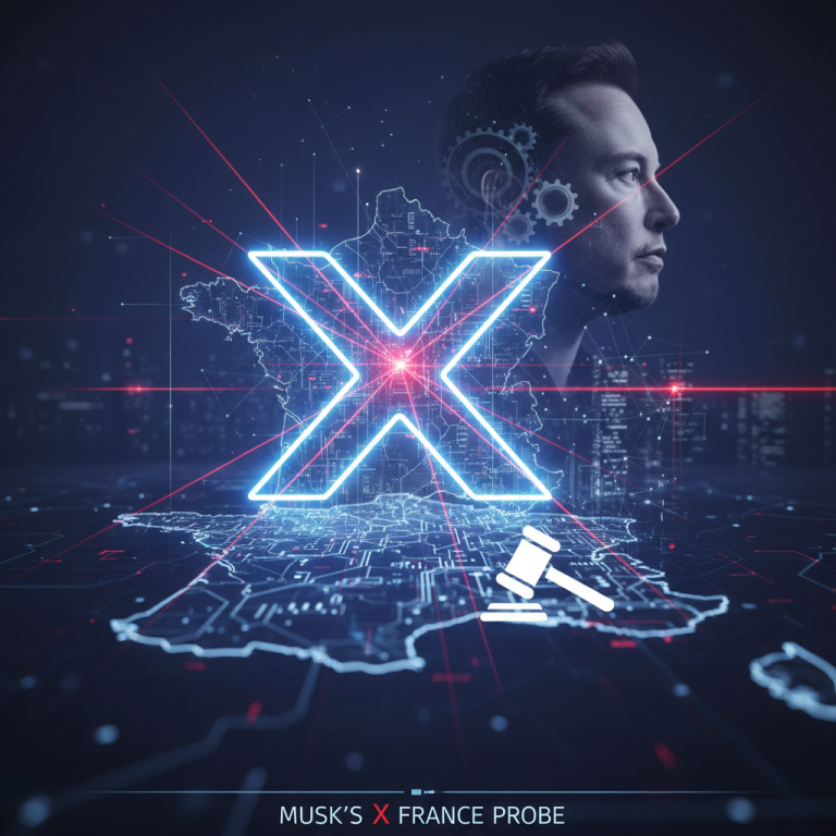 Elon Musk's profile, a glowing 'X' logo over a map of France with tech circuits, and a gavel.