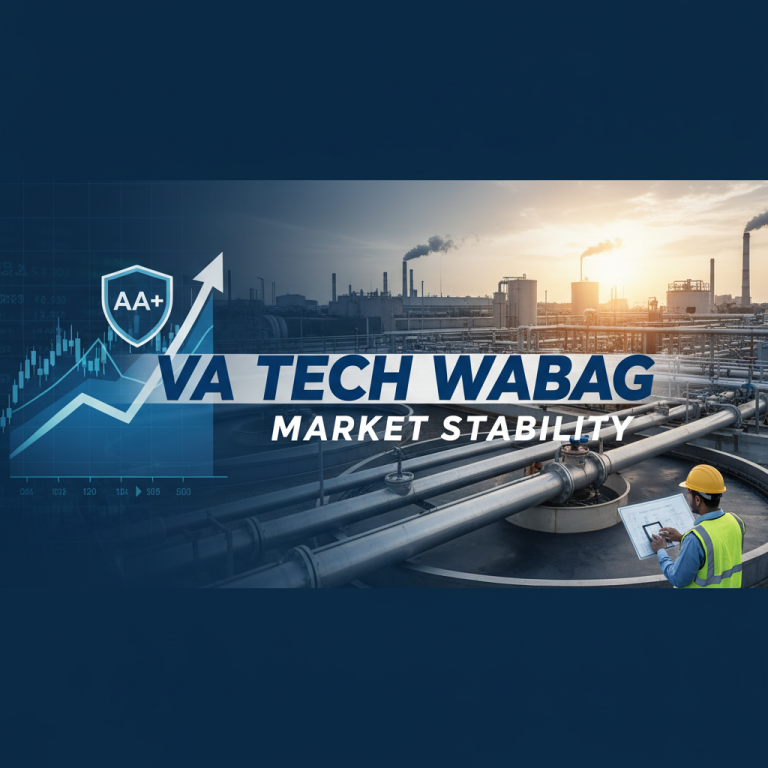 A professional image showing a water treatment plant, market graphs, and a credit rating badge, signifying market stability.
