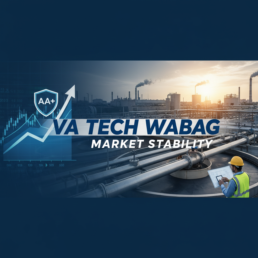A professional image showing a water treatment plant, market graphs, and a credit rating badge, signifying market stability.
