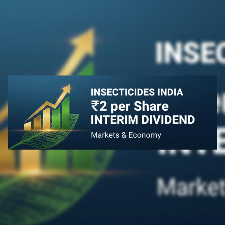 A professional graphic with text "Insecticides India ₹2 per Share Interim Dividend" over a blurred background with growth charts and a leaf.