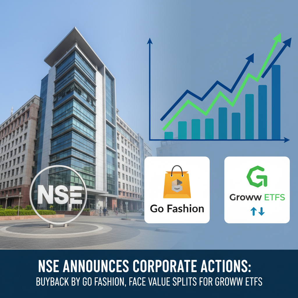 A professional image representing the NSE building, with a chart showing upward trends, and logos for Go Fashion and Groww ETFs.
