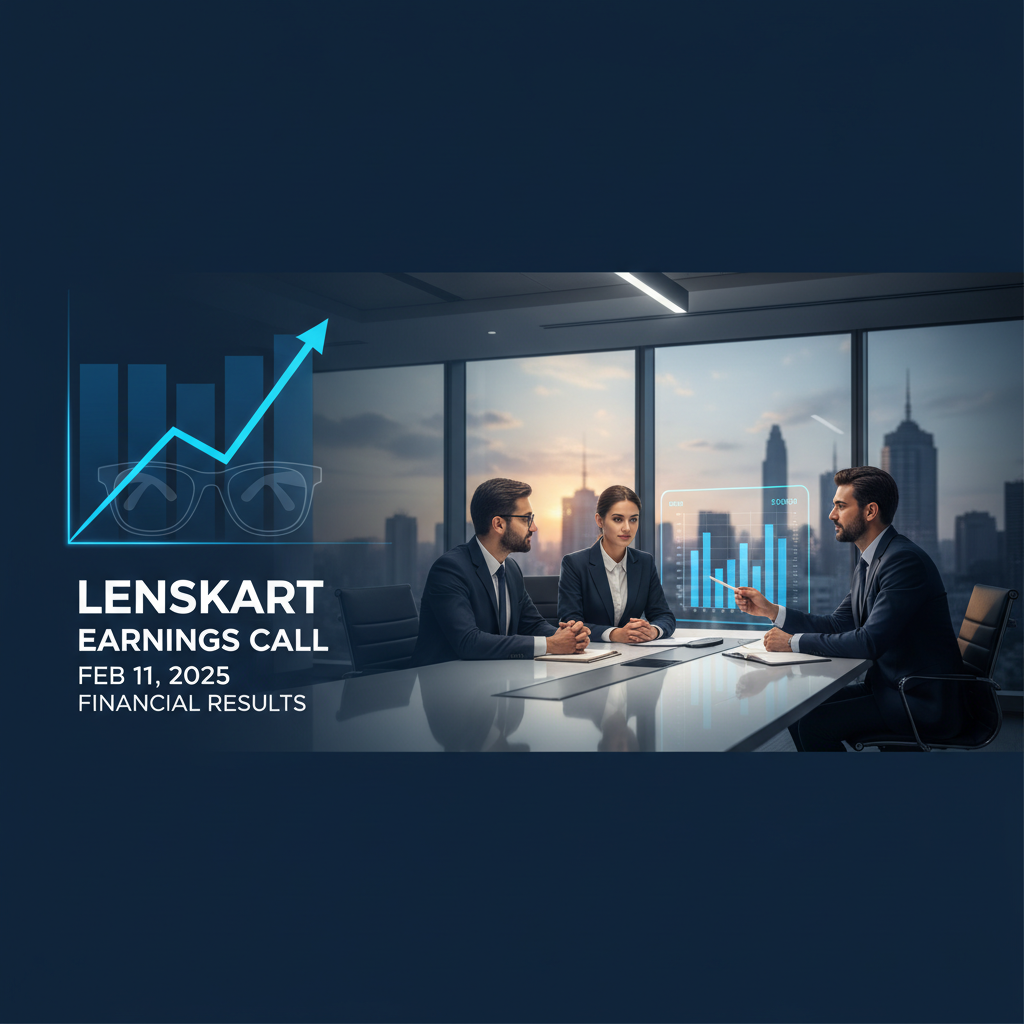 Three professionals in a modern office discussing financial results with a bar graph overlay and Lenskart branding.