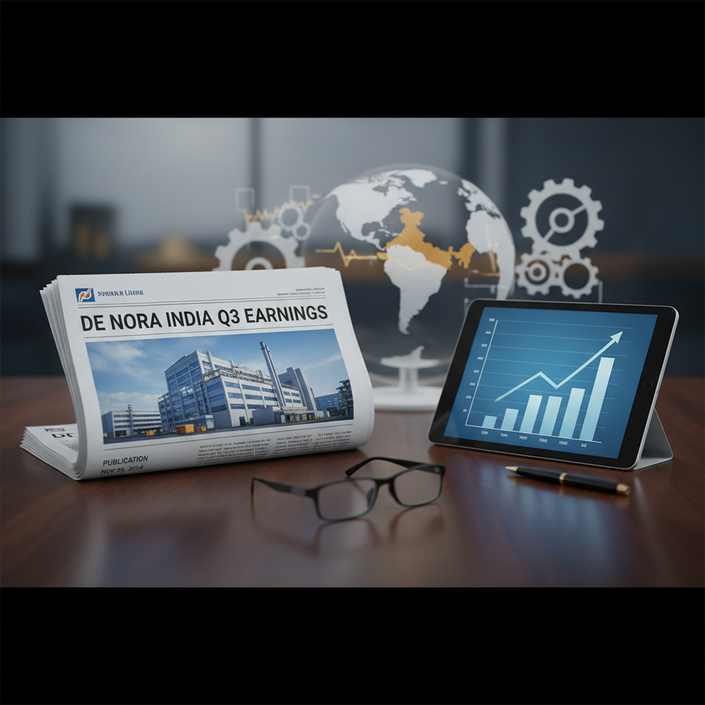A professional image showing a newspaper with "De Nora India Q3 Earnings" on the front, alongside a tablet displaying a growth chart, glasses, and a pen.