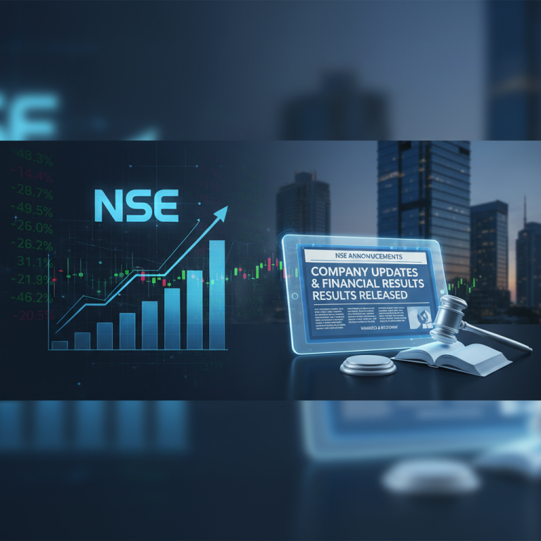 A digital tablet displaying an article about company updates and financial results, alongside a gavel, book, and stock market graphs with the NSE logo.
