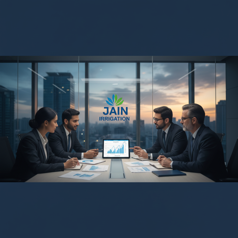 Four business professionals in suits discuss financial graphs on a tablet in a modern boardroom with the Jain Irrigation logo visible.