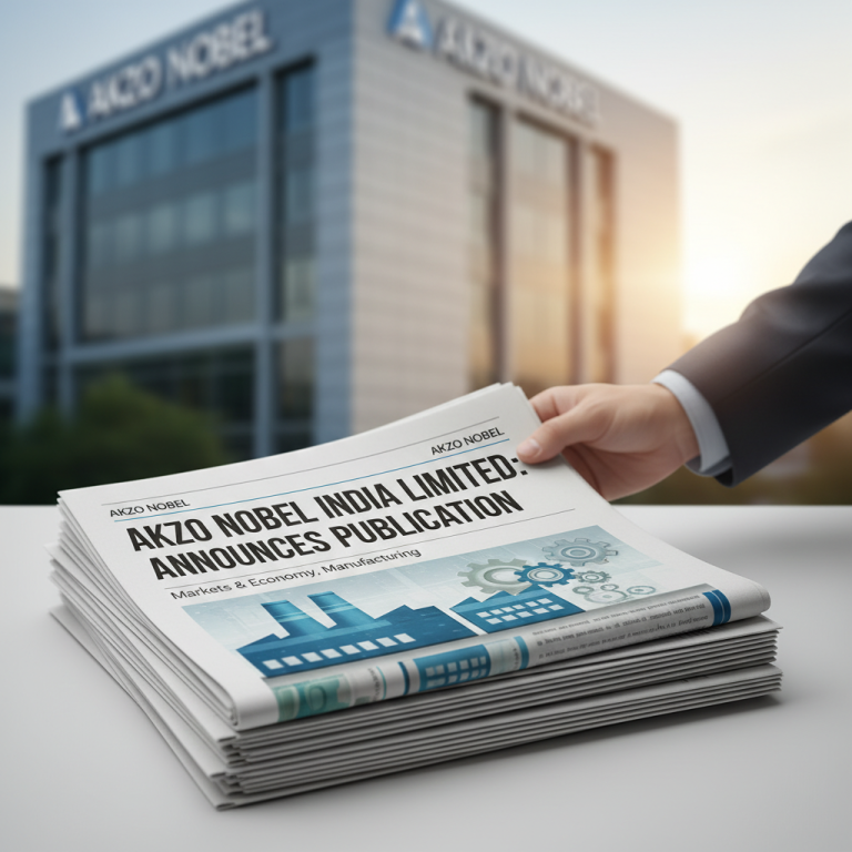 A person in a suit picking up a newspaper featuring a headline about Akzo Nobel India Limited's announcement.