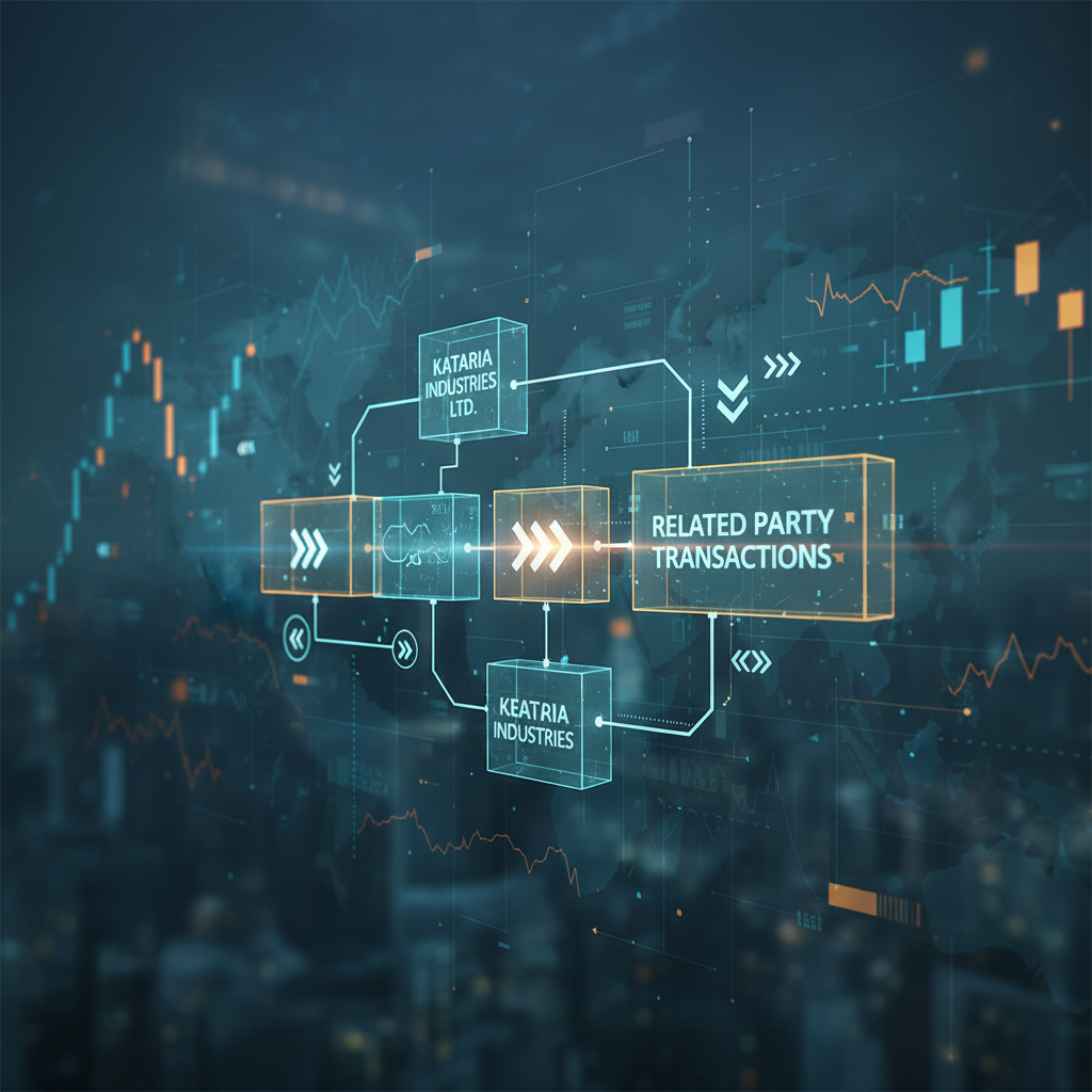 A digital infographic illustrating a corporate structure with boxes for "Kataria Industries Ltd.", "Keatria Industries", and "Related Party Transactions" connected by lines, overlaid on a background of financial charts and a world map.