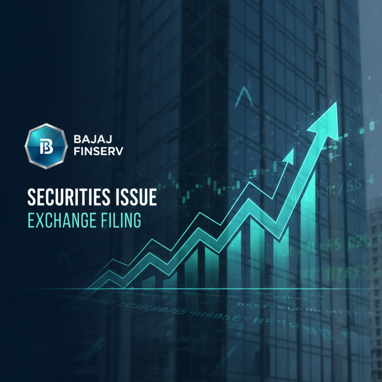 A professional image with Bajaj Finserv logo, a rising stock graph, and "SECURITIES ISSUE EXCHANGE FILING" text.