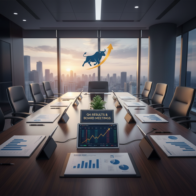 A modern boardroom overlooking a city at sunset, with financial charts and a bull market symbol.