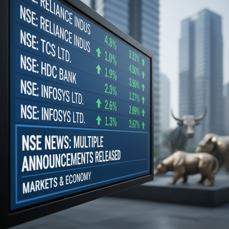 A digital stock ticker displaying "NSE News: Multiple Announcements Released" with stock data and blurred bull and bear statues.