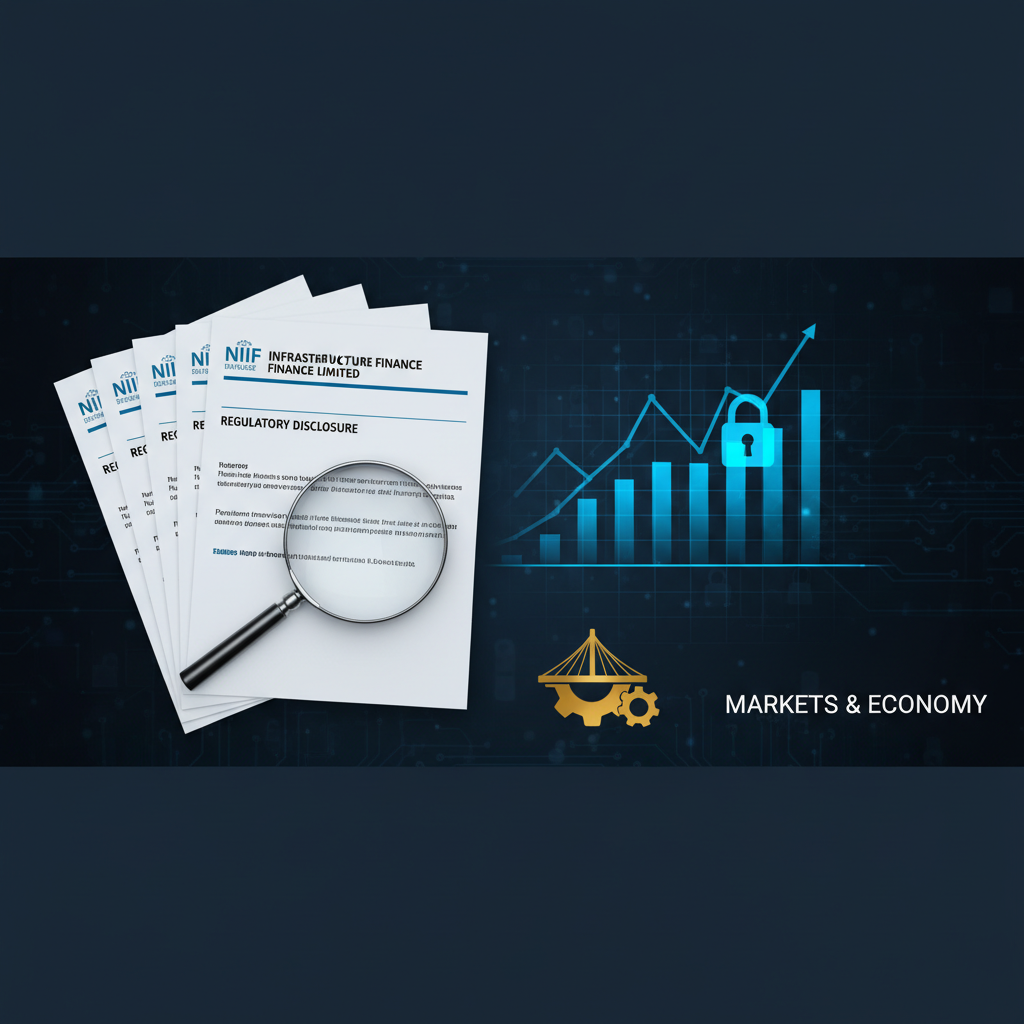 Stack of identical regulatory disclosure documents with a magnifying glass, alongside a financial growth graph.