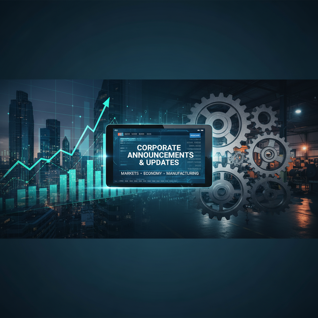 A tablet displaying "Corporate Announcements & Updates" with a cityscape, gears, and a growth chart.