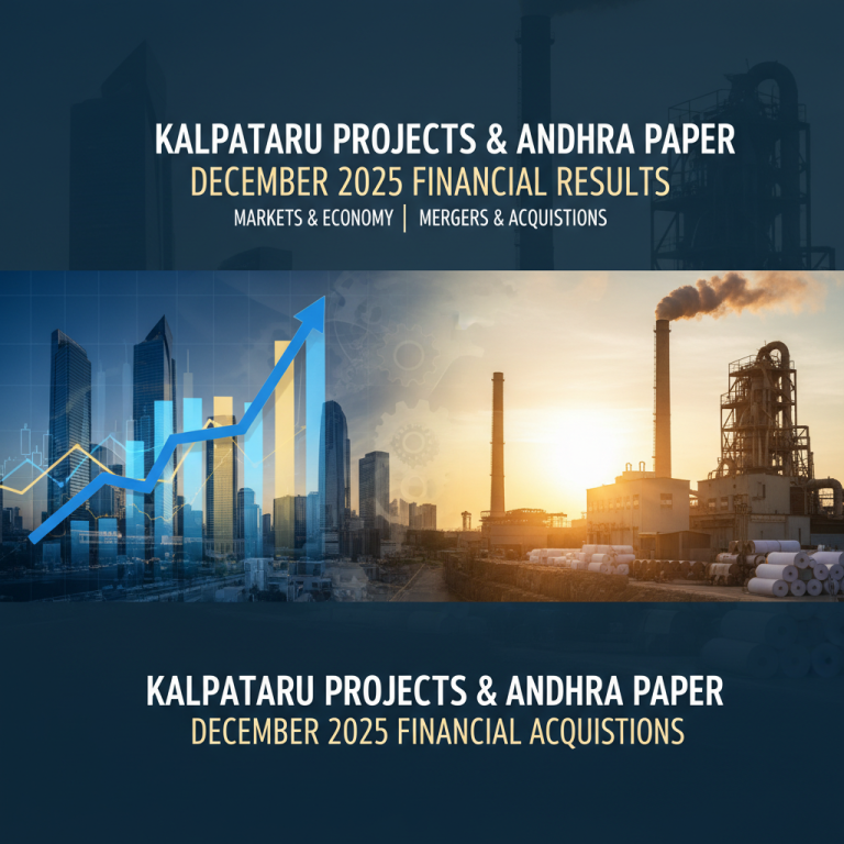 A banner image for a news article about financial results, with graphics that include a cityscape and factory.