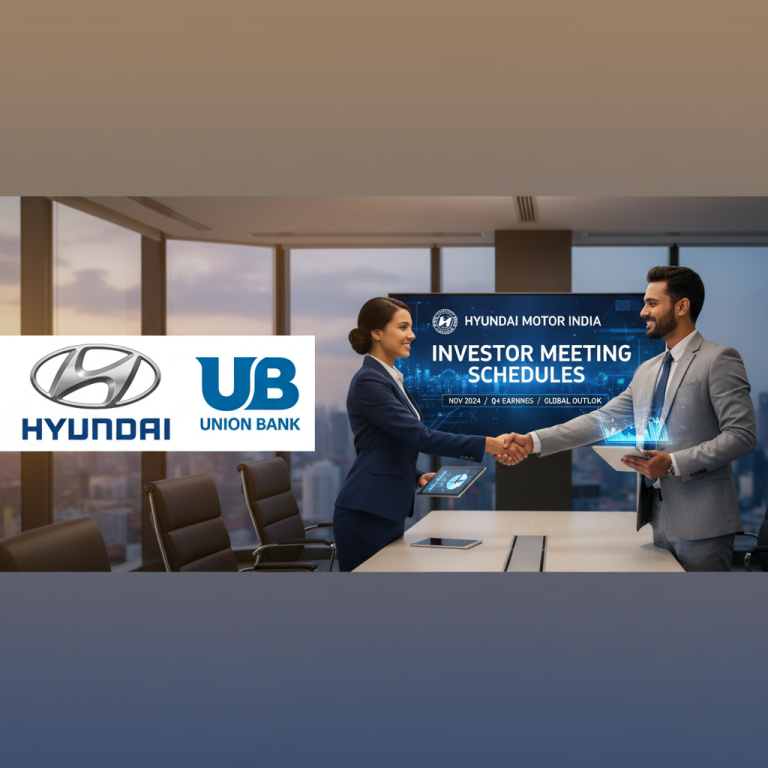Business professionals shaking hands in a modern office with Hyundai and Union Bank logos, overlayed with investor meeting details.