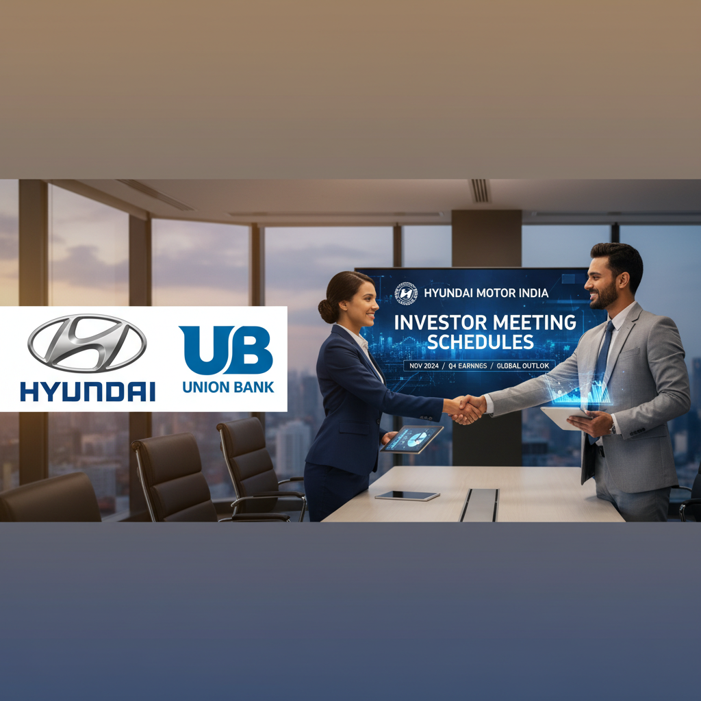 Business professionals shaking hands in a modern office with Hyundai and Union Bank logos, overlayed with investor meeting details.